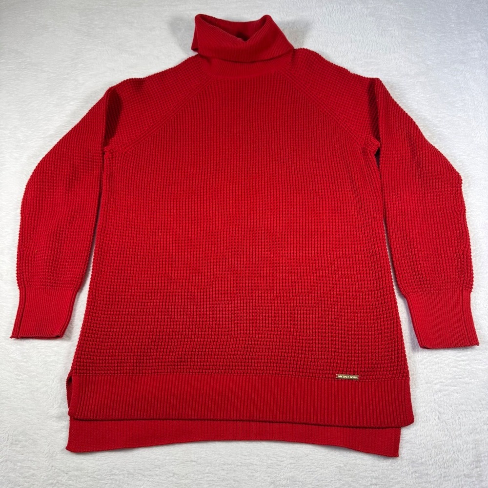 Michael Kors Turtleneck Sweater Womens Large Red Excellent Waffle Knit Tunic